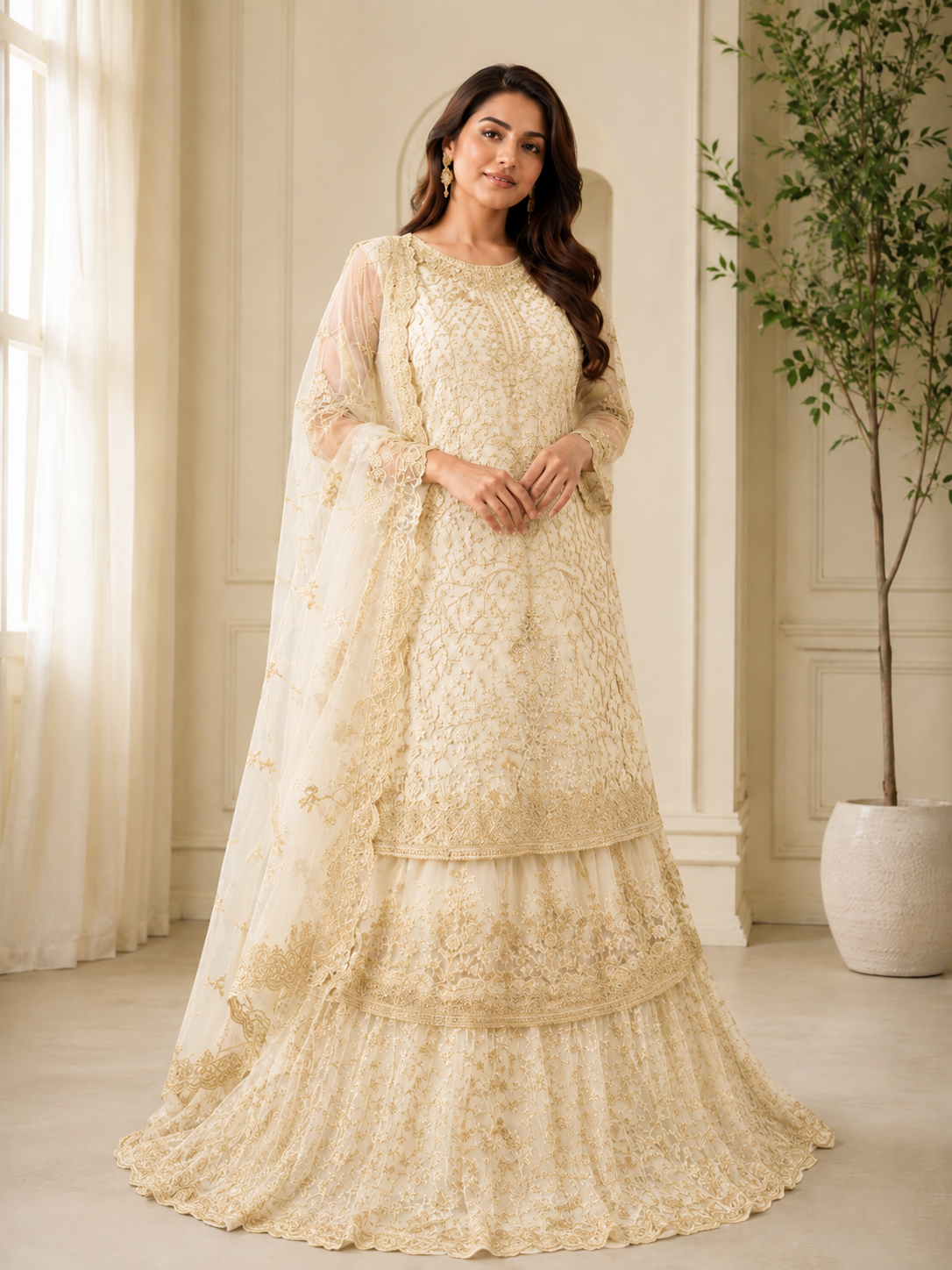 Cream & Gold Embroidered Lehenga Set