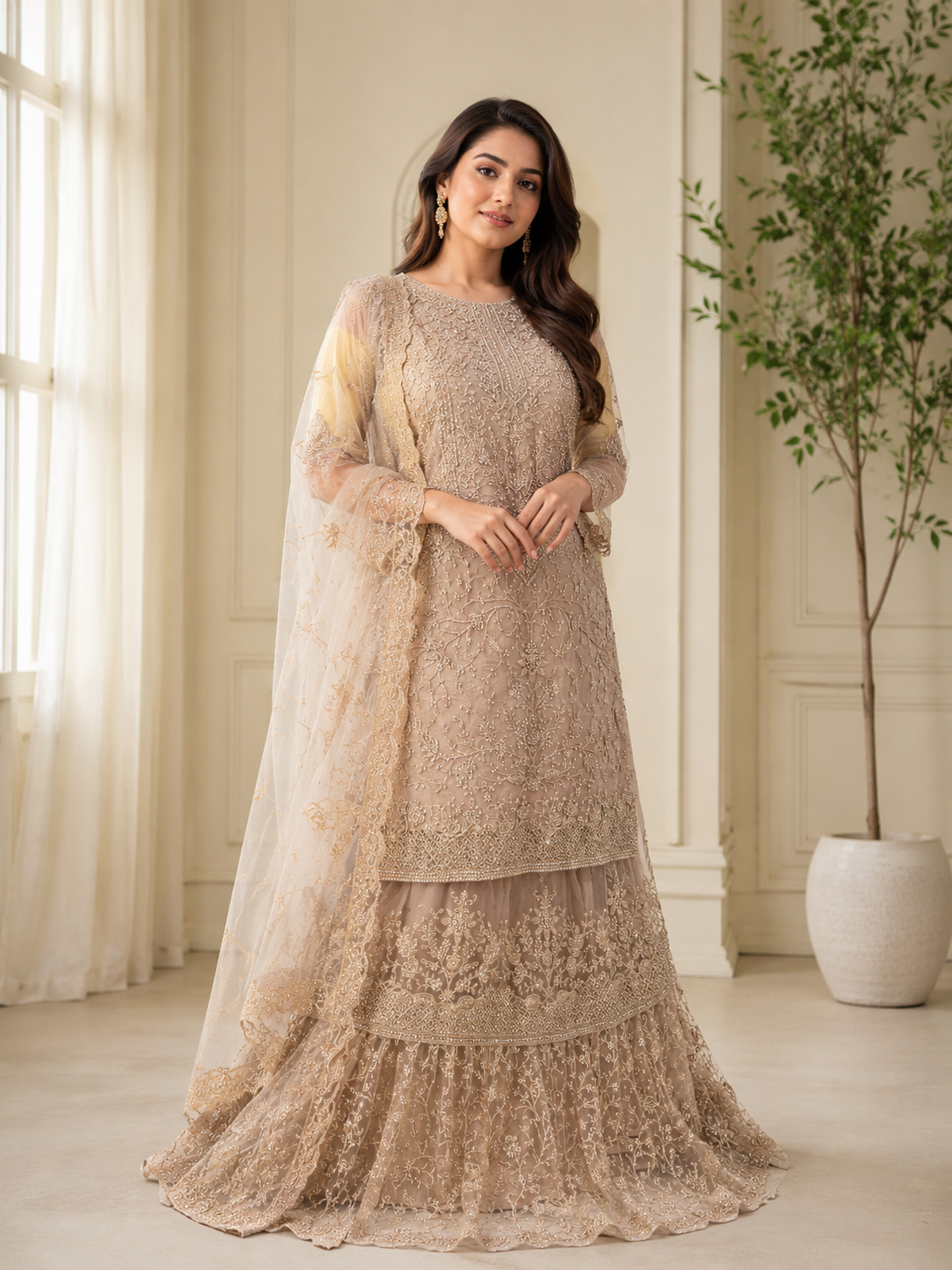 Champagne Embroidered Lehenga Set