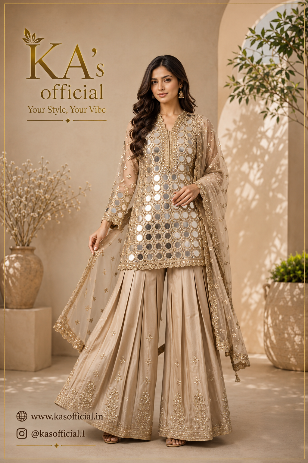 KA’s Official – Beige Mirror Work Sharara Set